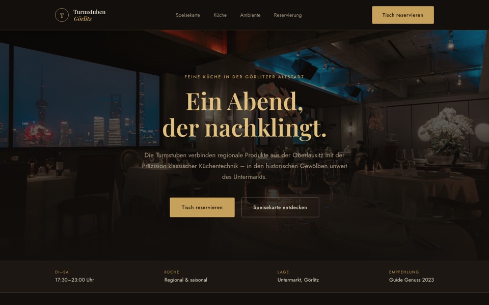 Startseiten-Ausschnitt der Demo-Website „Restaurant Turmstuben“
